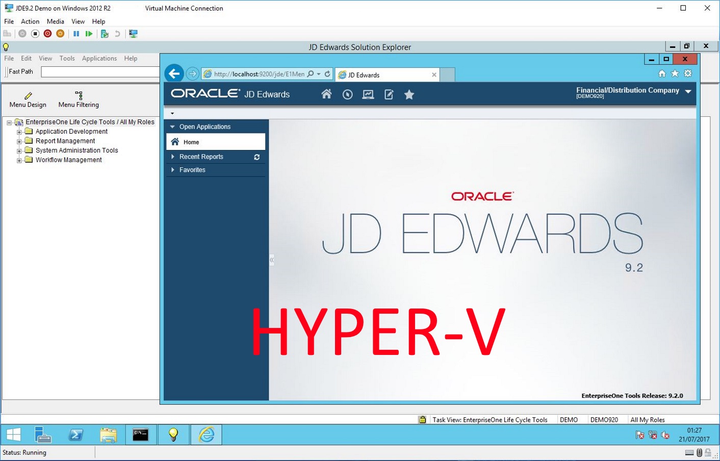 Screenshot of JDE920 Demo VM running on Hyper-V Manager